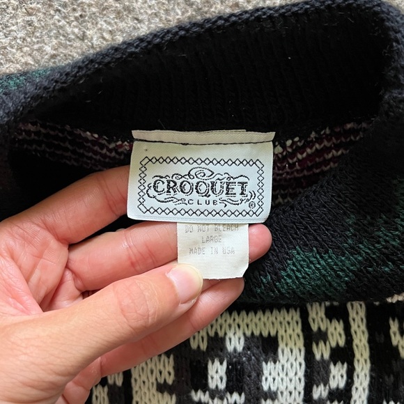 VTG Croquet Club Quilt Patchwork Pullover Mock Neck Sweater Knit Size L USA Made - Picture 4 of 11